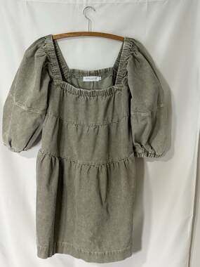 Nectar Clothing Corduroy Puff Sleeve Tiered Babydoll Mini Dress Olive L